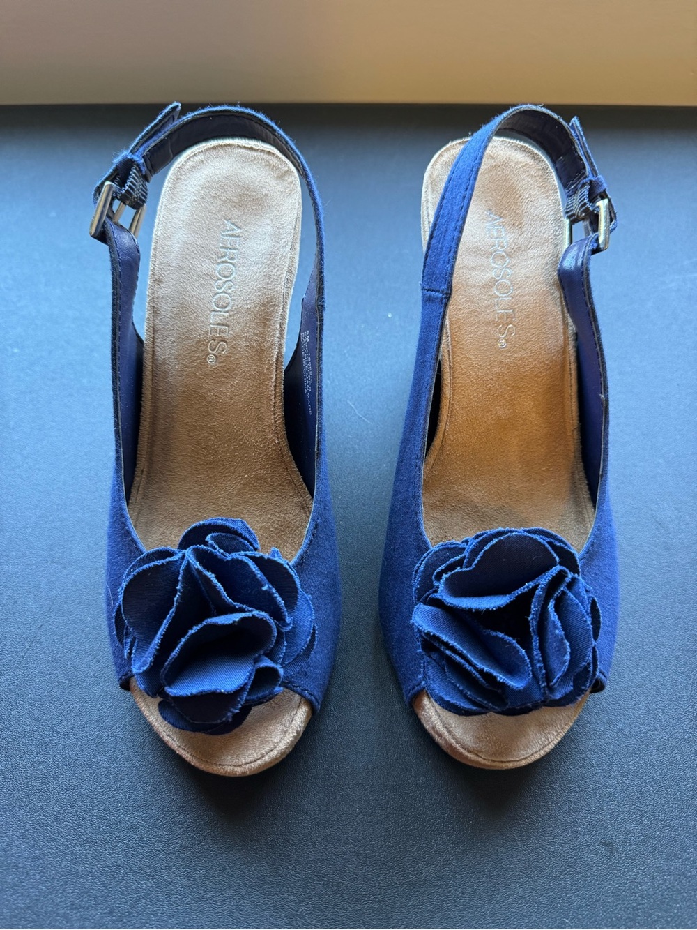 AEROSOLES Navy Blue Peep-Toe Slingback Wedges with Floral Applique